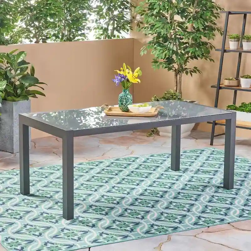 Rowan Outdoor Tempered Glass Dining Table with Aluminum Frame by Christopher Knight Home - 70.00 L x 35.43 W x 29.25 H