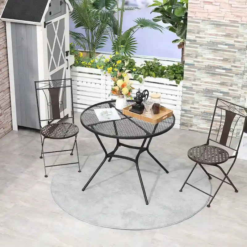 Outsunny 35  Round Patio Dining Table Steel Outside Table with Mesh Tabletop for Garden Backyard Poolside - 35.75  x 28.25 H