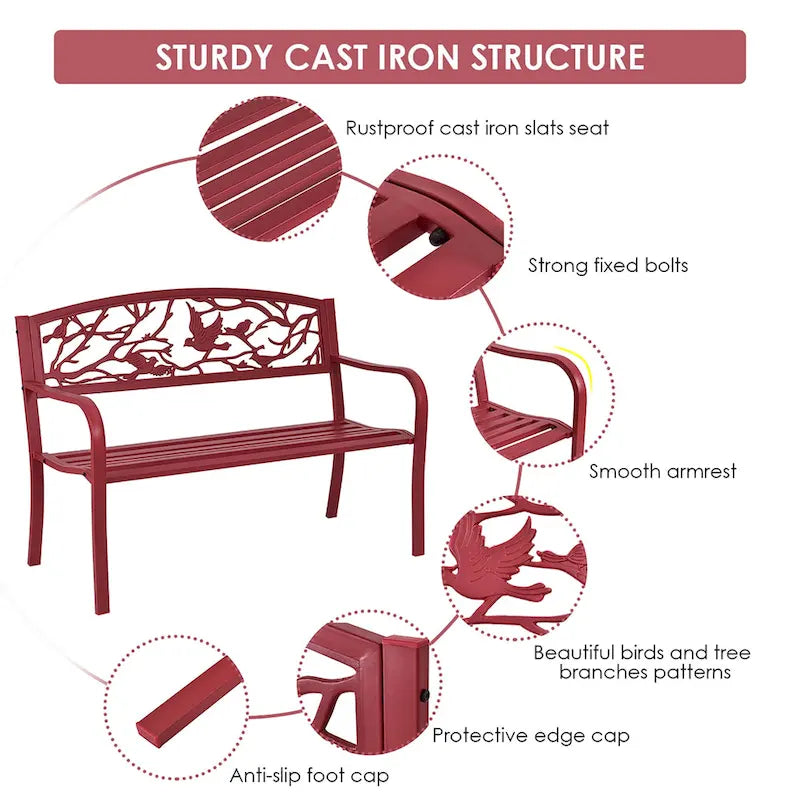 Elegant Outdoor Metal Park Patio Yard Bench with Armrest and Backrest