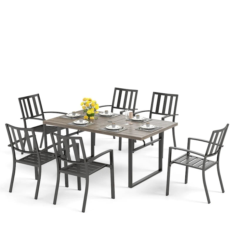 MAISON ARTS Patio Dining Set Metal Outdoor U-Shaped Leg Table and Chairs Furniture Set 7-Piece