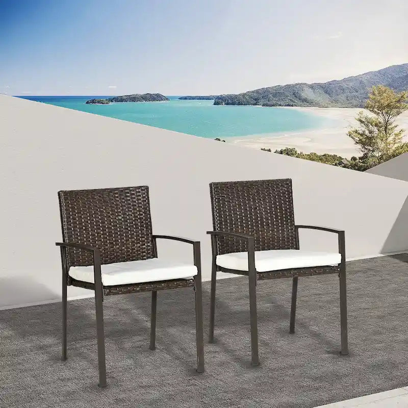 Outsunny 2 Piece PE Rattan Outdoor Dining Chairs with Cushion, Patio Wicker Dining Chair Set with Backrest, Armrests for Patio