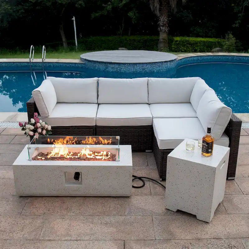 COSIEST 5-Pieces Outdoor Patio Wicker Furniture Set with Fire Pit Set