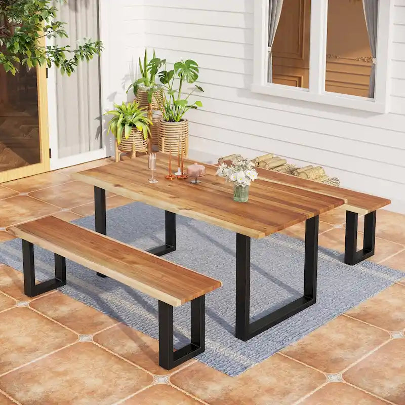 MAISON ARTS 3-Piece Patio Dining Table Set Acacia Wood with 1 Rectangular Table and 2 Benches