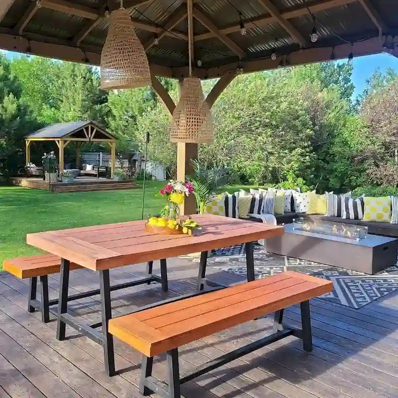 MAISON ARTS 3-Piece Patio Dining Table Set Acacia Wood with 1 Rectangular Table and 2 Benches