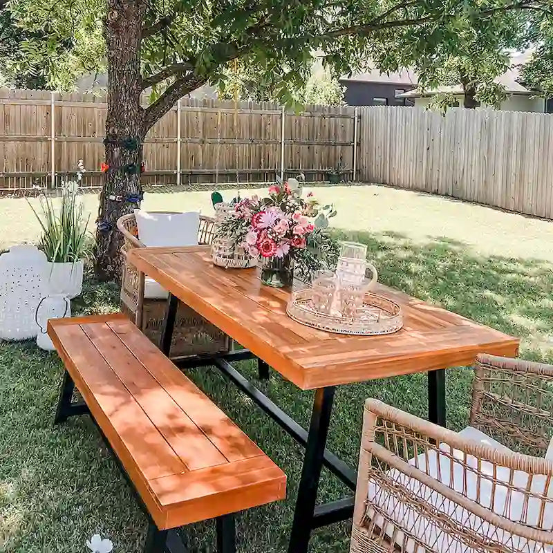 MAISON ARTS 3-Piece Patio Dining Table Set Acacia Wood with 1 Rectangular Table and 2 Benches