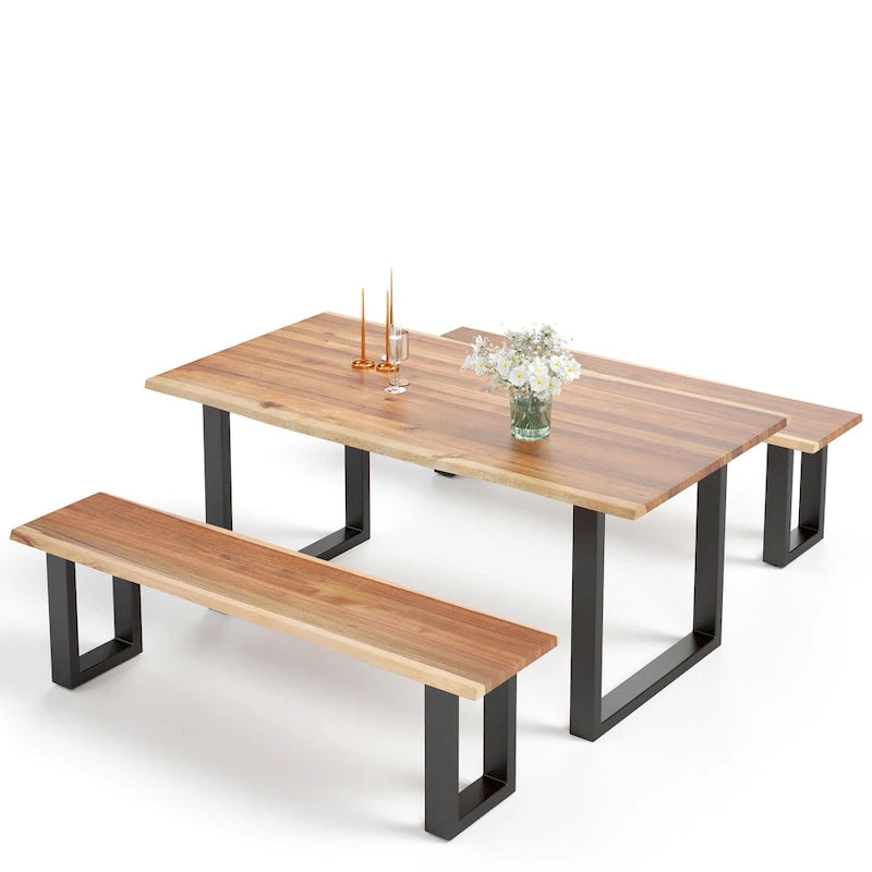 MAISON ARTS 3-Piece Patio Dining Table Set Acacia Wood with 1 Rectangular Table and 2 Benches