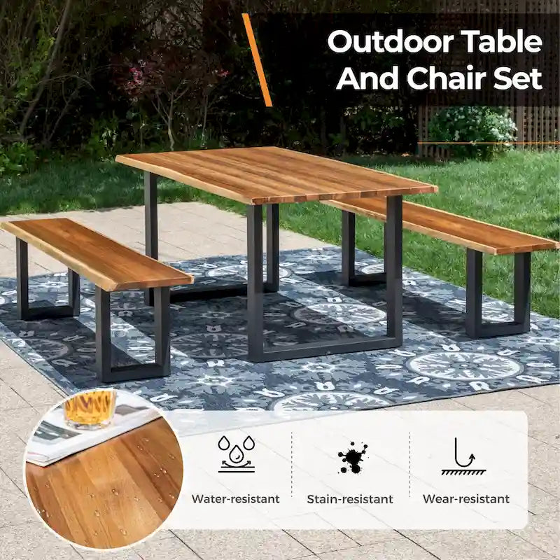 MAISON ARTS 3-Piece Patio Dining Table Set Acacia Wood with 1 Rectangular Table and 2 Benches