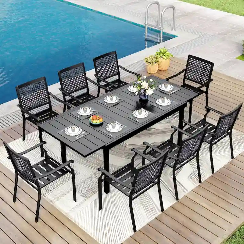 MAISON ARTS 7/9-Piece Patio Dining Set Metal E-coating of 6 Upgraded Back Pattern Chairs & 1 Expandable Metal Table