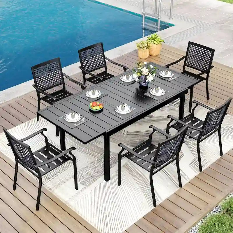MAISON ARTS 7/9-Piece Patio Dining Set Metal E-coating of 6 Upgraded Back Pattern Chairs & 1 Expandable Metal Table
