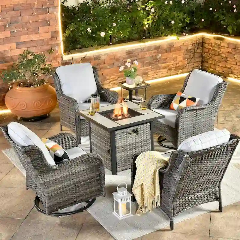OVIOS Grey Wicker 6-piece Patio Furniture Set Swivel Rocking Chair With Fire Pit