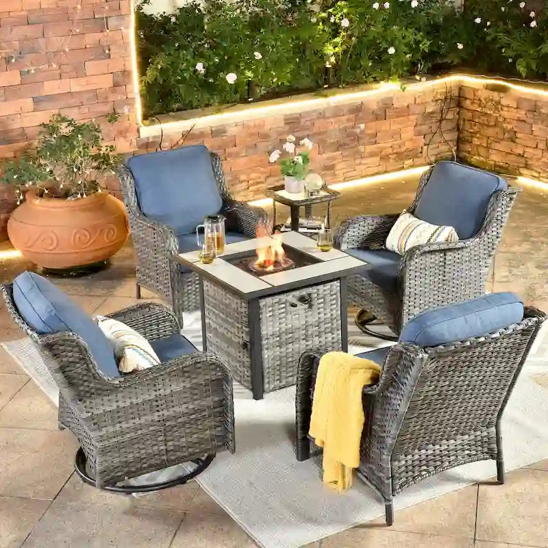 OVIOS Grey Wicker 6-piece Patio Furniture Set Swivel Rocking Chair With Fire Pit