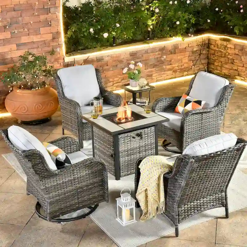 OVIOS Grey Wicker 6-piece Patio Furniture Set Swivel Rocking Chair With Fire Pit