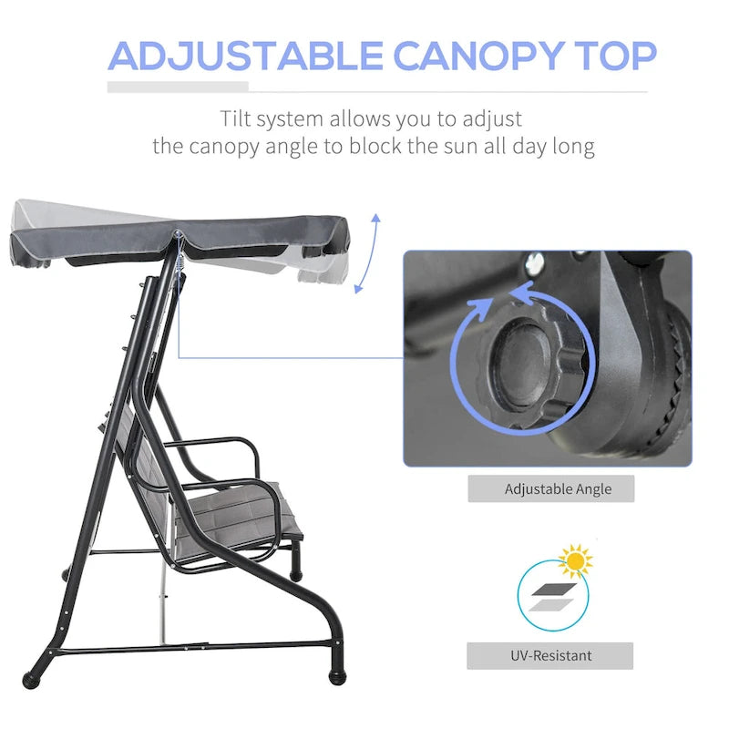 Outsunny 3-Seater Porch Swing Chair Outdoor Patio Bench for Deck with Adjustable Canopy, Padded Sling Fabric Seat
