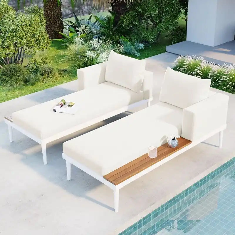 Patio Metal Daybed with Wood Topped Side Spaces for Drinks