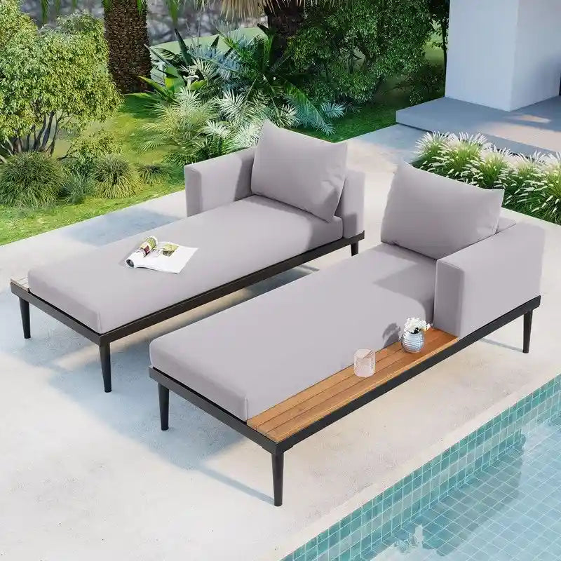 Patio Metal Daybed with Wood Topped Side Spaces for Drinks