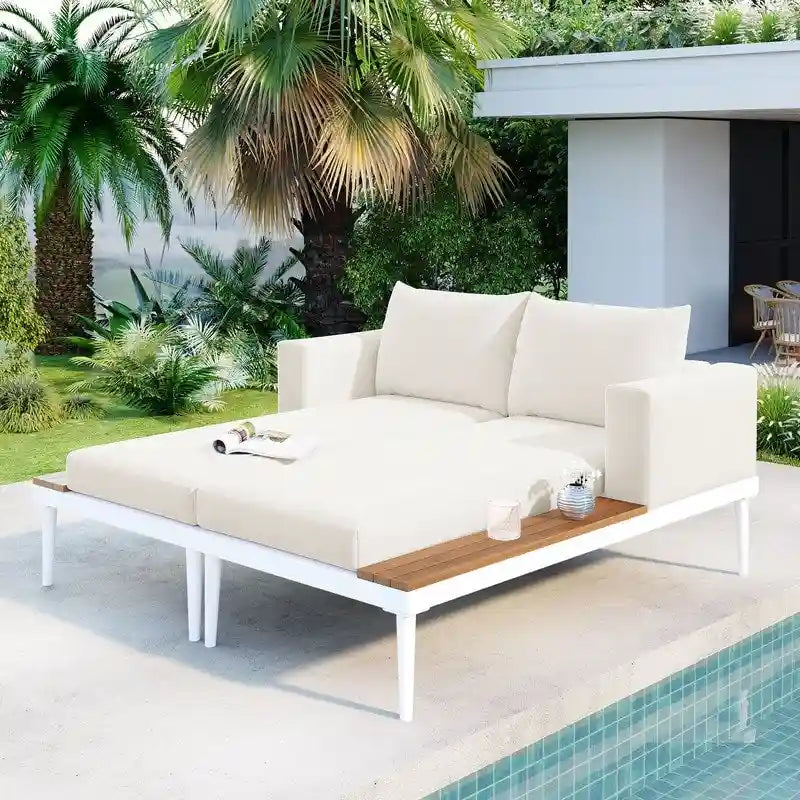 Patio Metal Daybed with Wood Topped Side Spaces for Drinks