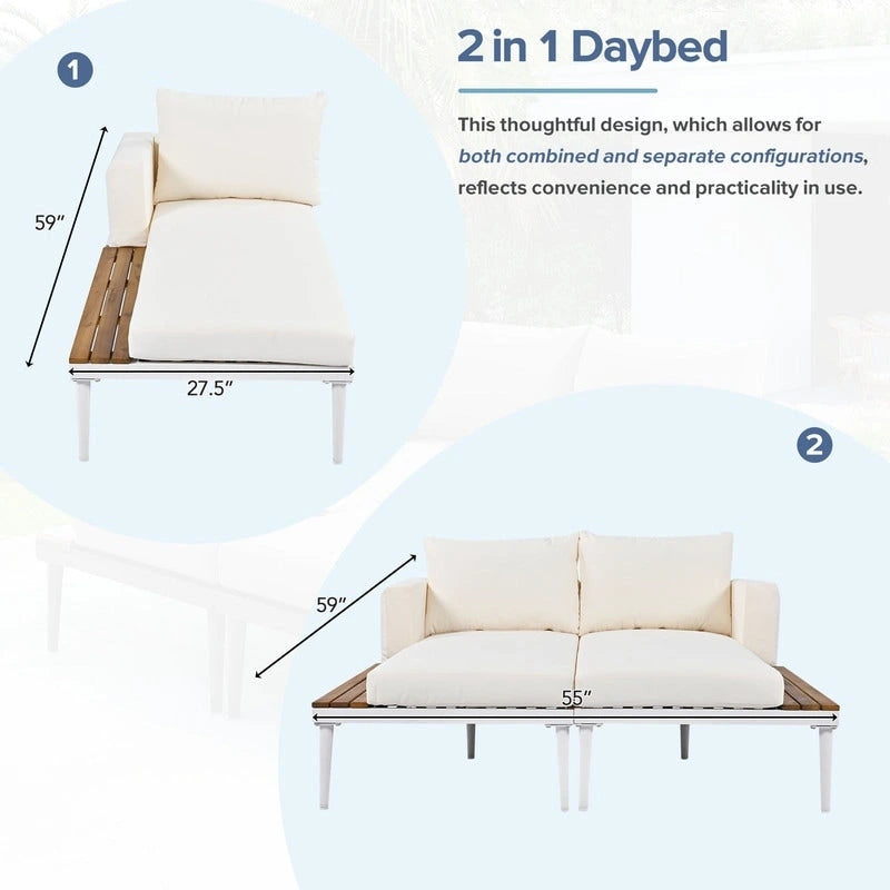 Patio Metal Daybed with Wood Topped Side Spaces for Drinks