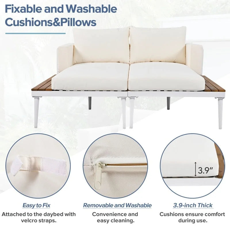 Patio Metal Daybed with Wood Topped Side Spaces for Drinks