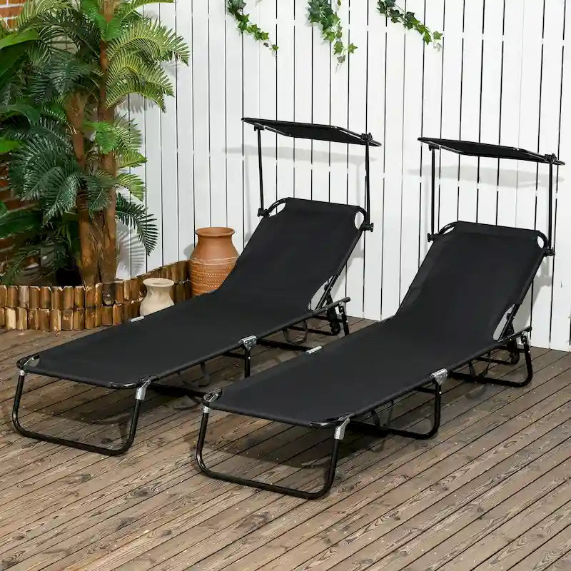 Outsunny Folding Chaise Lounge Pool Chairs, Set of 2 Outdoor Sun Tanning Chairs with Sunshade Face Guard
