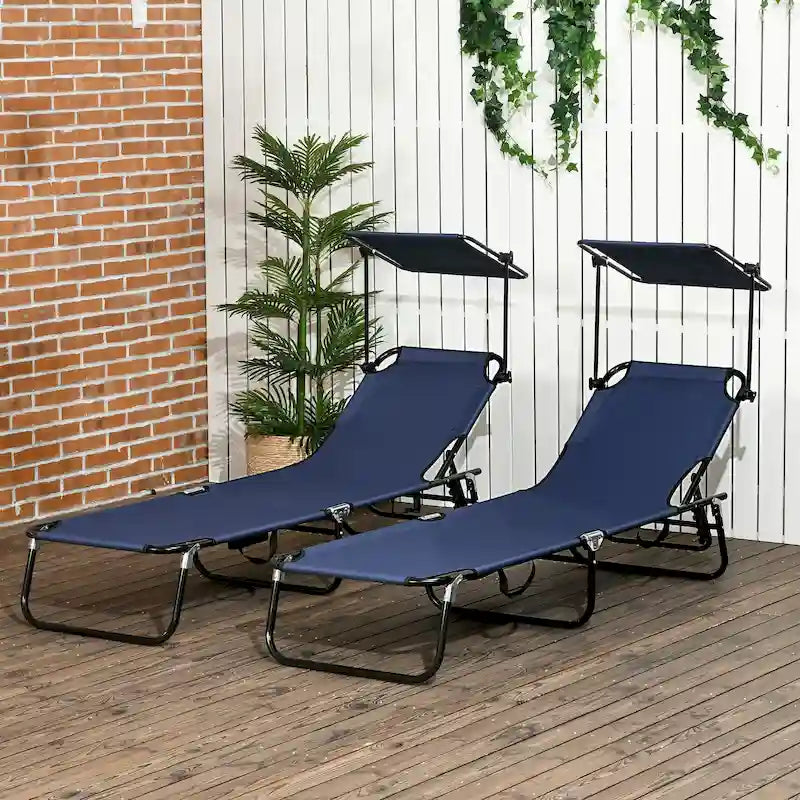 Outsunny Folding Chaise Lounge Pool Chairs, Set of 2 Outdoor Sun Tanning Chairs with Sunshade Face Guard