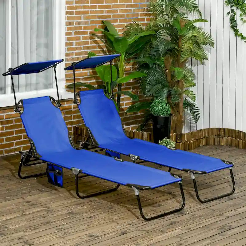 Outsunny Folding Chaise Lounge Pool Chairs, Set of 2 Outdoor Sun Tanning Chairs with Sunshade Face Guard