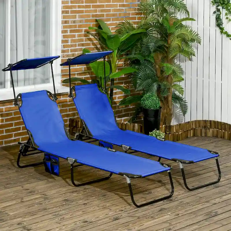 Outsunny Folding Chaise Lounge Pool Chairs, Set of 2 Outdoor Sun Tanning Chairs with Sunshade Face Guard