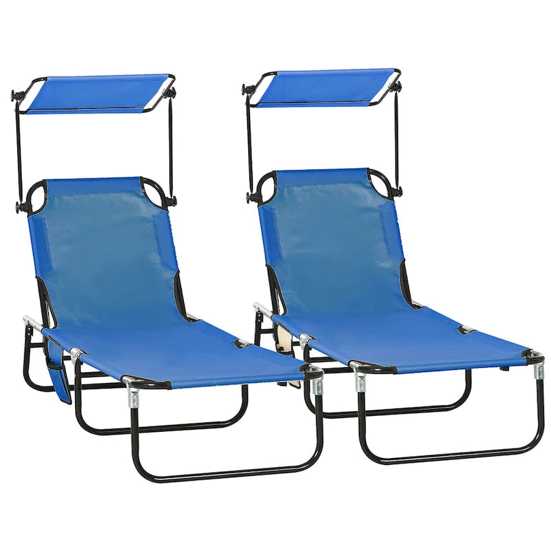 Outsunny Folding Chaise Lounge Pool Chairs, Set of 2 Outdoor Sun Tanning Chairs with Sunshade Face Guard