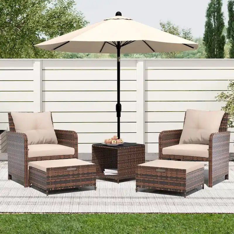 UPHA 5-Piece Outdoor Cushion Wicker Patio Conversation Set with Coffee Table and Ottoman