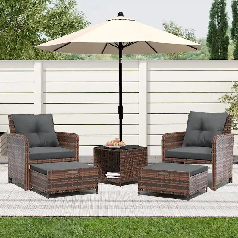 UPHA 5-Piece Outdoor Cushion Wicker Patio Conversation Set with Coffee Table and Ottoman