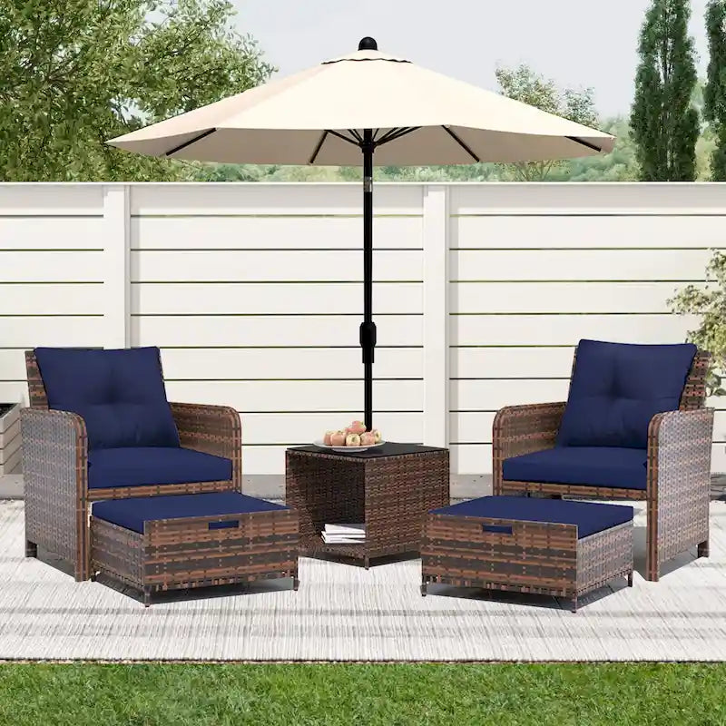 UPHA 5-Piece Outdoor Cushion Wicker Patio Conversation Set with Coffee Table and Ottoman