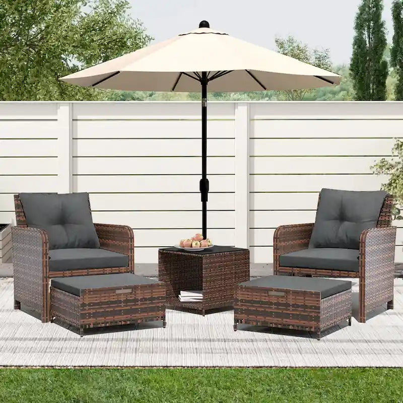 UPHA 5-Piece Outdoor Cushion Wicker Patio Conversation Set with Coffee Table and Ottoman