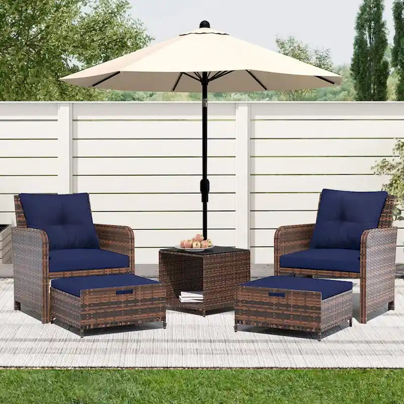 UPHA 5-Piece Outdoor Cushion Wicker Patio Conversation Set with Coffee Table and Ottoman