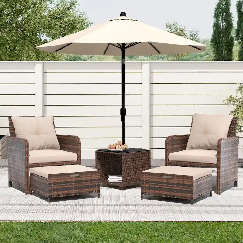 UPHA 5-Piece Outdoor Cushion Wicker Patio Conversation Set with Coffee Table and Ottoman