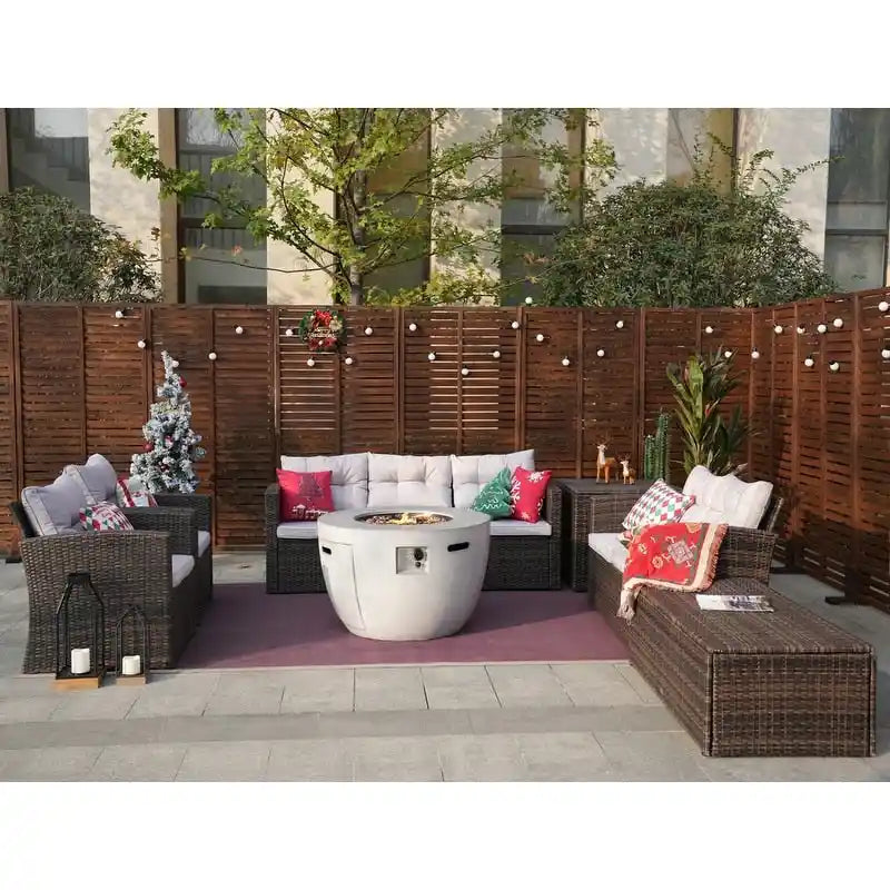 7-Piece Outdoor Rattan Conversation Sofa Set with Fire Pit Table