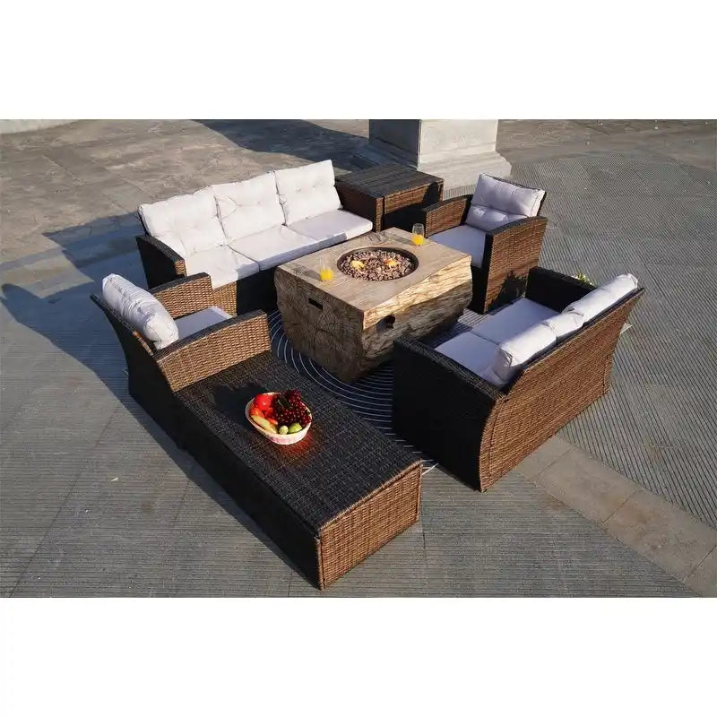 7-Piece Outdoor Rattan Conversation Sofa Set with Fire Pit Table