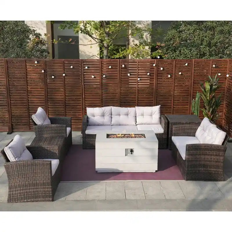 7-Piece Outdoor Rattan Conversation Sofa Set with Fire Pit Table