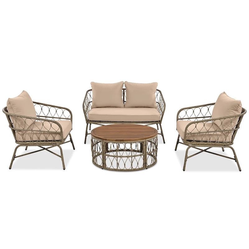 GO Bohemia-inspired 4-Person Outdoor Seating Group With Removable Cushions, Conversation Patio Set With Wood Tabletop, Beige