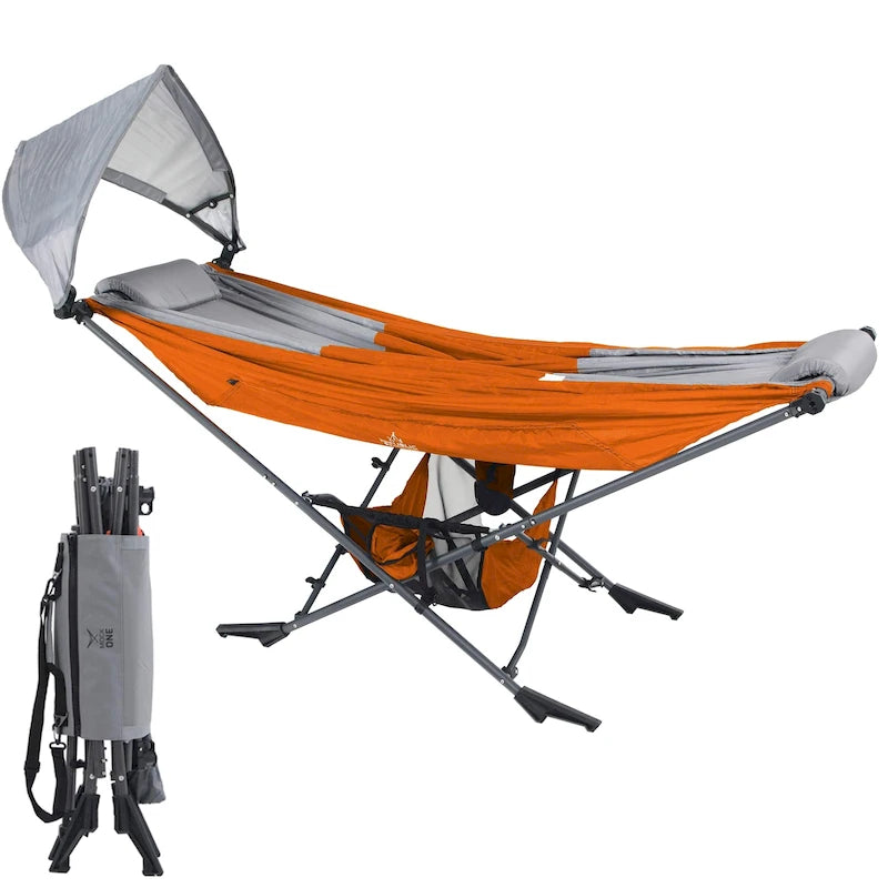 Compact Portable Folding Hammock with Stand Includes Carrying Wrap and Sun Shade