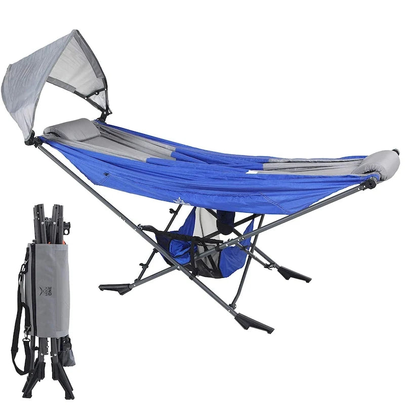 Compact Portable Folding Hammock with Stand Includes Carrying Wrap and Sun Shade