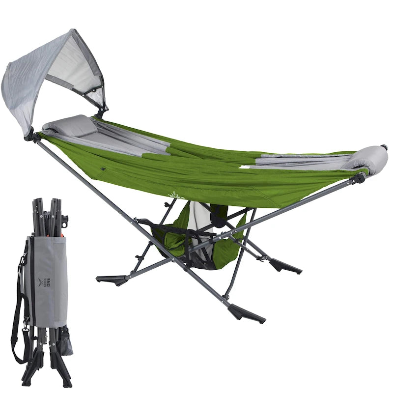 Compact Portable Folding Hammock with Stand Includes Carrying Wrap and Sun Shade