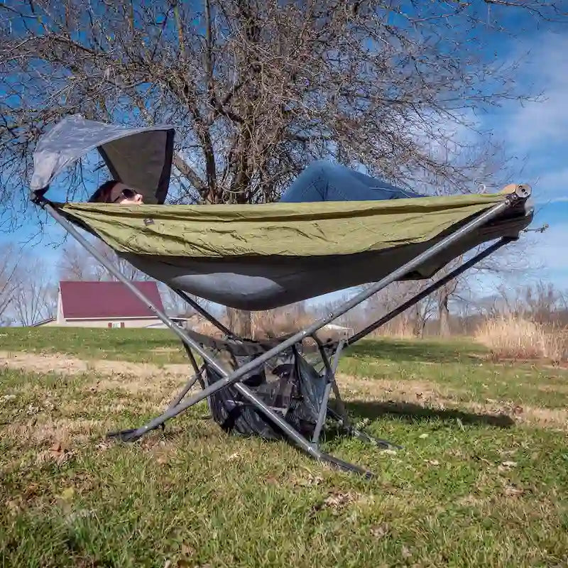 Compact Portable Folding Hammock with Stand Includes Carrying Wrap and Sun Shade