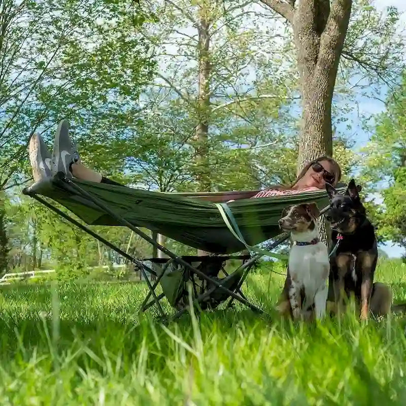 Compact Portable Folding Hammock with Stand Includes Carrying Wrap and Sun Shade