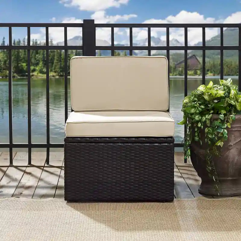 Palm Harbor Outdoor Wicker Center Chair In Brown With Sand Cushions - 30.5 H x 23 W x 26.5 D