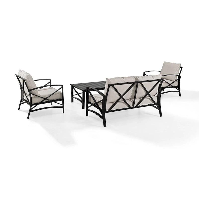 Crosley kaplan 4 pc outdoor seating set with oatmeal cushion - loveseat, two chairs, coffee table - 138.75 W x 72.19 D x 32 H
