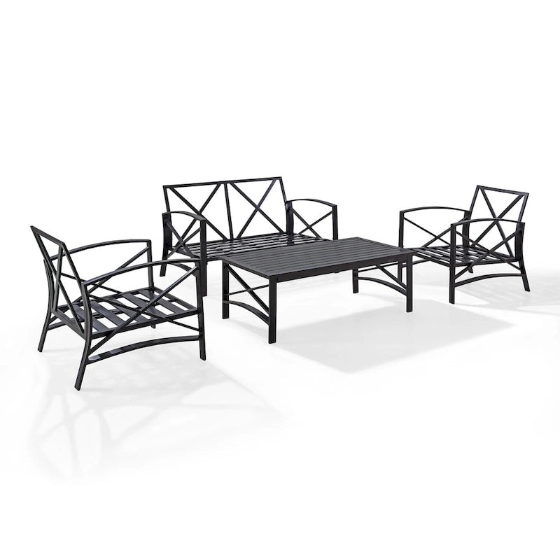 Crosley kaplan 4 pc outdoor seating set with oatmeal cushion - loveseat, two chairs, coffee table - 138.75 W x 72.19 D x 32 H