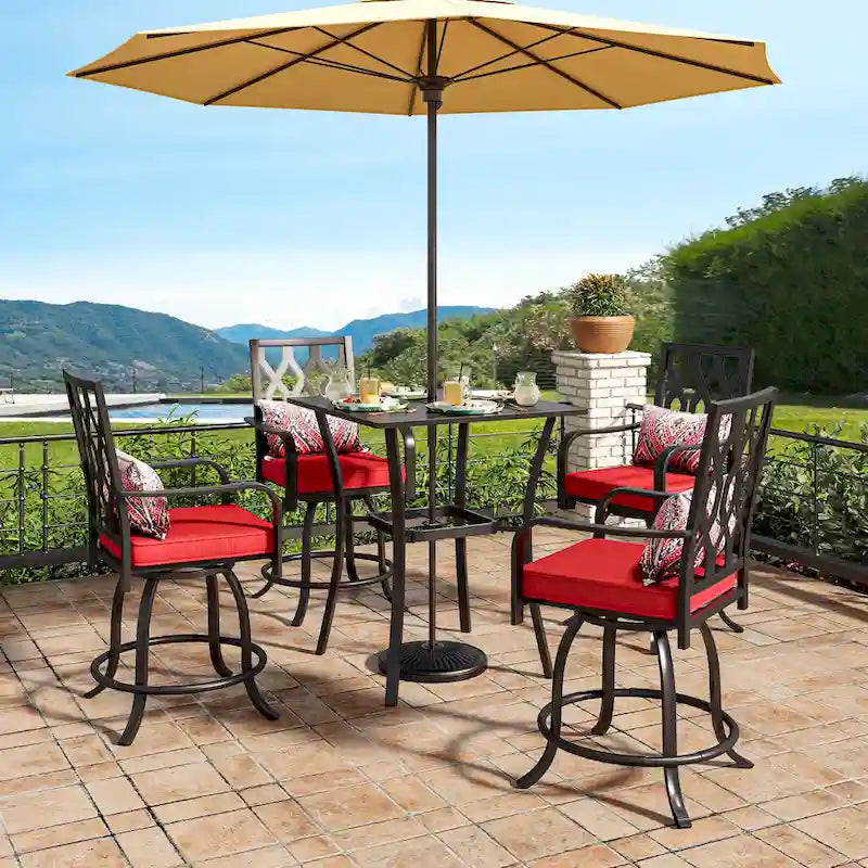 Outdoor 4-Person Patio Dining Set with Red Cushion Chairs, Metal Table