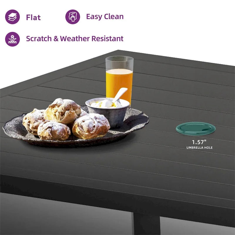 Outdoor 4-Person Patio Dining Set with Red Cushion Chairs, Metal Table