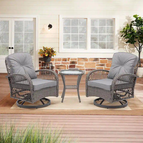 3 Pieces Outdoor Swivel Rocker Chairs, 360 Degree, Thickened Cushions & Glass Coffee Table