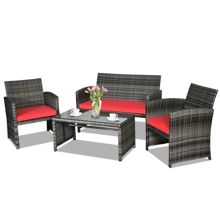 4 Pieces Patio Rattan Furniture Set with Glass Table and Loveseat - 43.5  x 25 x 31  (L x W x H)