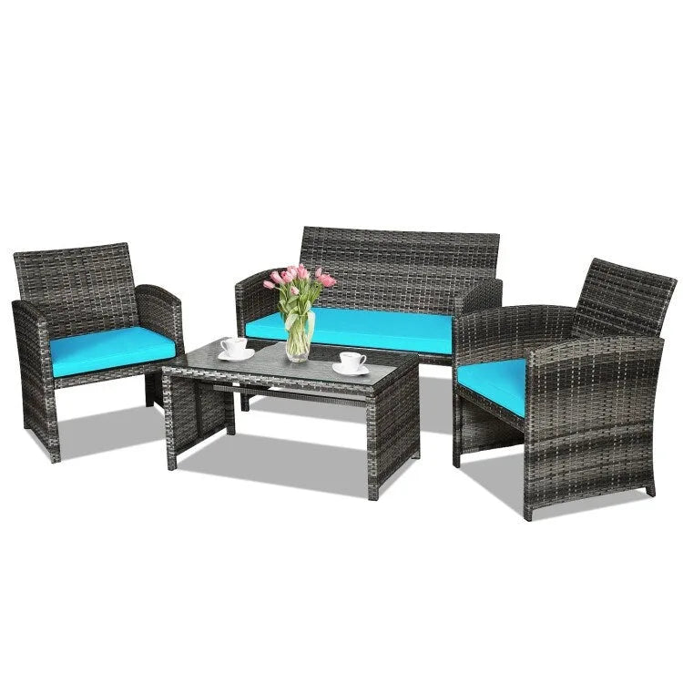 4 Pieces Patio Rattan Furniture Set with Glass Table and Loveseat - 43.5  x 25 x 31  (L x W x H)